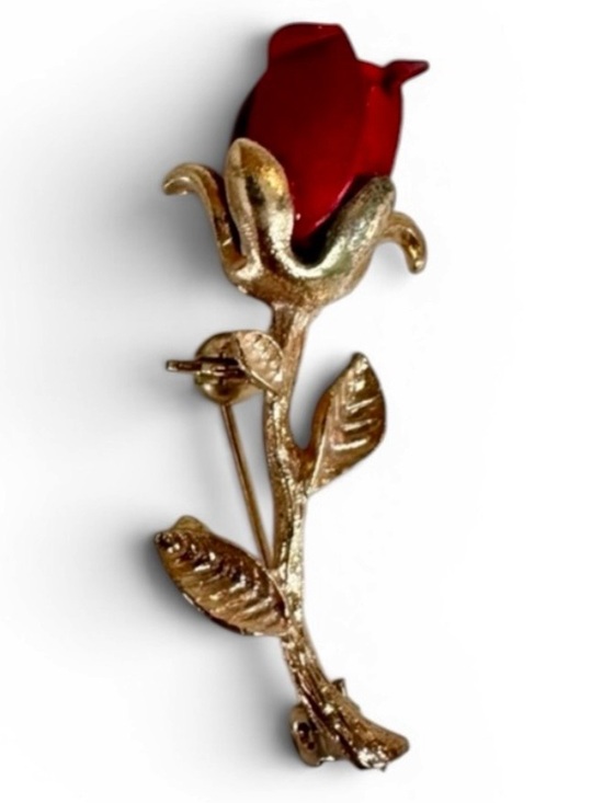 Jewelry - Vintage Red Rose Brooch Gold Tone Long Stem Floral Pin Romantic Jewelry